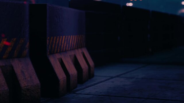 A heavy industrial barrier stands in stark contrast to the dimly lit urban environment. Shadows dance across the pavement as distant lights hint at a lively city beyond.