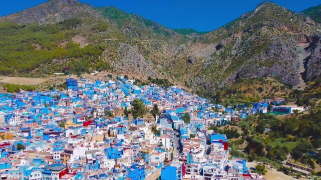 Aerial Drone View of Chefchaouen Blue City in Morocco, 4K