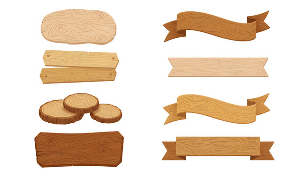 A complete collection of rustic wooden design elements, featuring flowing ribbon banners, tree trunk cross-sections, wooden planks, and blank signboards with natural wood textures.