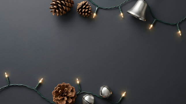 Festive winter decorations with pinecones and silver bells on a dark background