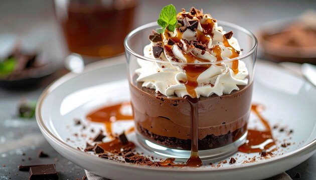 Decadent chocolate mousse parfait with whipped cream and caramel drizzle, dessert