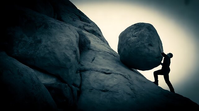 Silhouette of man carrying huge boulder on shoulder climbing between rocks like Sisyphus myth