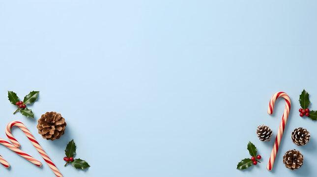 Festive christmas arrangement with candy canes pinecones and holly on a light blue background