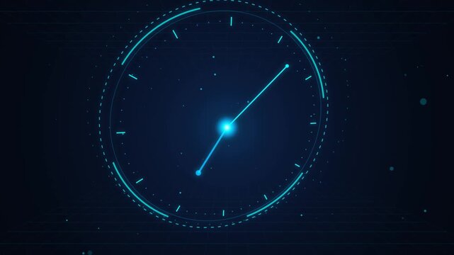 Futuristic digital clock animation with glowing blue neon HUD dial loop on dark background