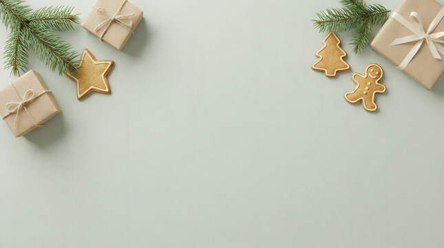 Festive christmas flat lay with gifts gingerbread cookies and evergreen branches on a pale background