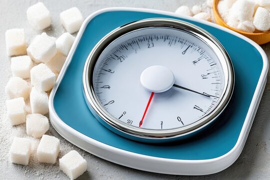 Bathroom scale with sugar cubes and granulated sugar highlighting sugar consumption and weight management