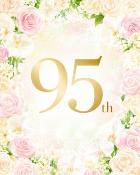 Beautiful 95th birthday greeting card design with flowers and golden numbers
