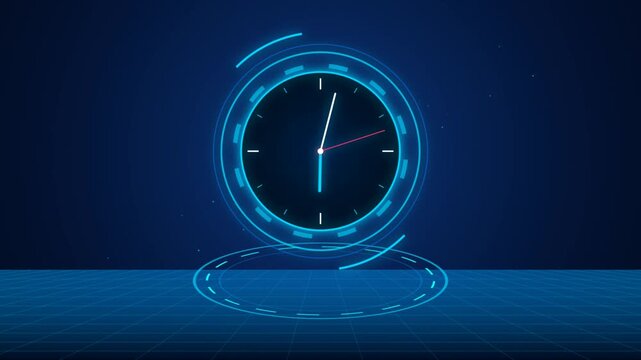Futuristic Digital Clock Animation with Neon Blue HUD Interface Elements on Dark Grid Background