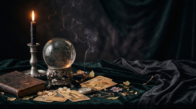 Crystal ball on green velvet with candle, pocket watch and old cards