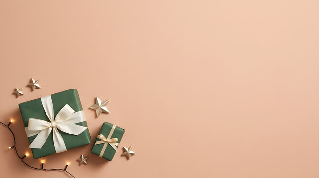 Festive gifts with ribbons and twinkling lights on a soft peach background