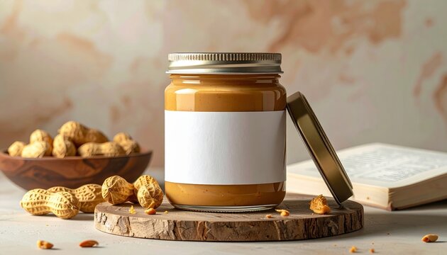 Glass jar of creamy peanut butter with blank label, packaging mockup