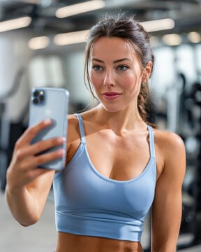 Fitness influencer takes mirror selfie in modern gym