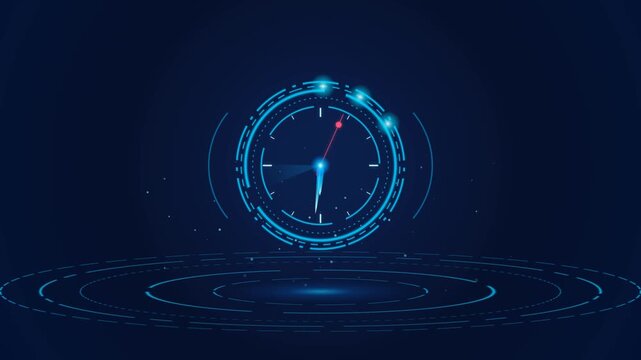 Futuristic digital clock HUD animation showing time passing with glowing blue tech interface