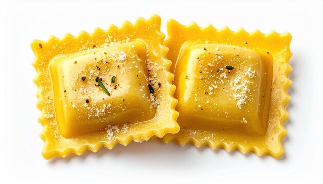 Two square ravioli with crimped edges isolated