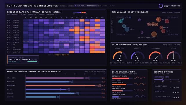 A dynamic AI project portfolio intelligence dashboard visualizes resource capacity conflicts and forecasts delivery delays with interactive elements and vibrant color coding.
