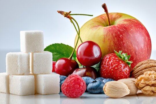 Fruit and sugar cubes arranged on a reflective surface with cherry, strawberry, and nuts visible
