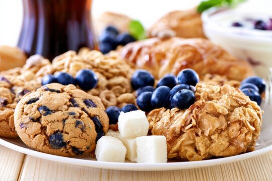 Fresh baked goods on a white plate with blueberries and sugar cubes at a breakfast setting