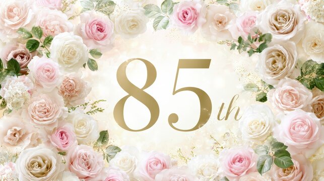 Elegant birthday greeting card for 85th birthday with roses and golden number design