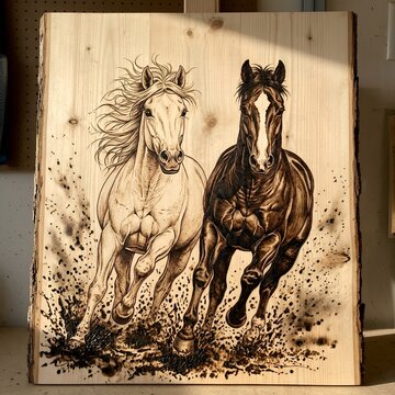 Pyrography art featuring two galloping horses woodburned onto a natural live edge slab. Detailed engraving of wild horses running through splashing water. Handmade wood burning craft work