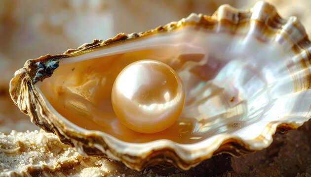 Lustrous golden pearl nestled inside textured oyster shell, luxury marine treasure