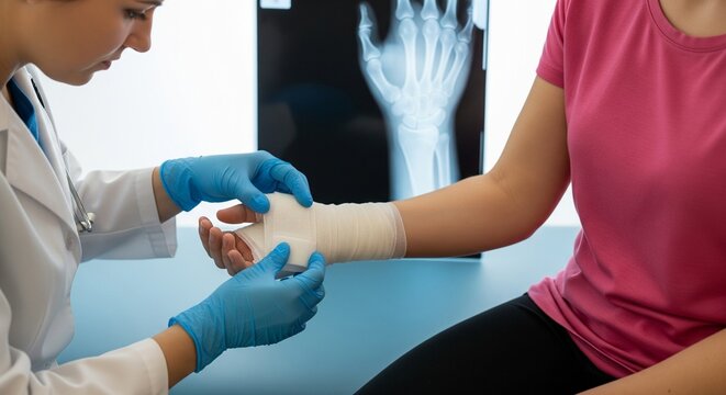 Doctor bandaging a patient's wrist with hand x-ray in background