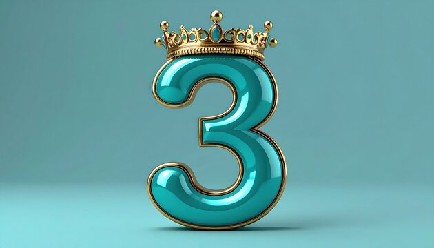 Turquoise number three topped with gold pearl crown, decorative numeral