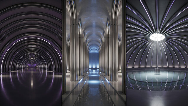 Triptych featuring a dark arched tunnel, a corridor with metallic columns, and a domed room with a central pool of water under a circular light source