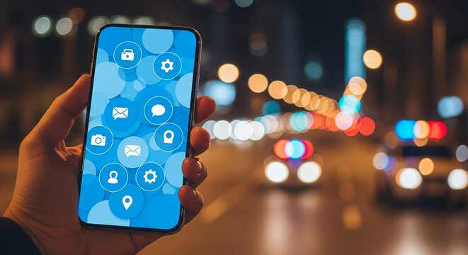 Hand holding smartphone with app icons against night city bokeh