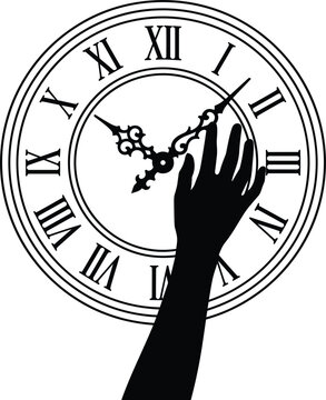 Human hand reaching to change vintage roman numeral clock hands representing time management control or deadline concept
