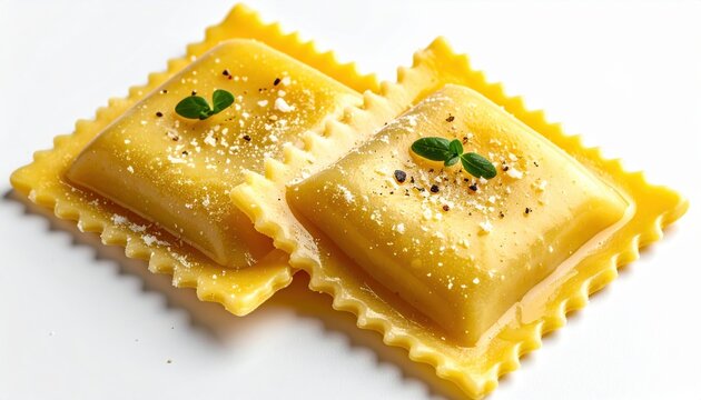 Two square ravioli with crimped edges isolated