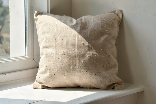 Interior still life of an oatmeal linen cushion against a white window ledge
