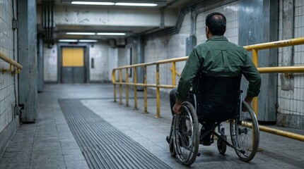 Obraz premium Wheelchair user takes accessible underground transfer route
