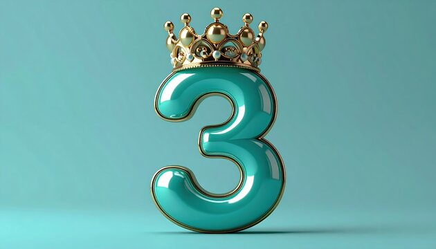 Turquoise number three topped with gold pearl crown, decorative numeral