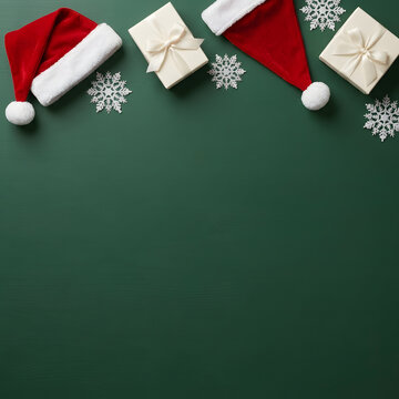 Festive christmas arrangement with santa hats gifts and snowflakes on a green background