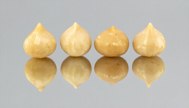 Four peeled macadamia nuts showing pointed tips isolated