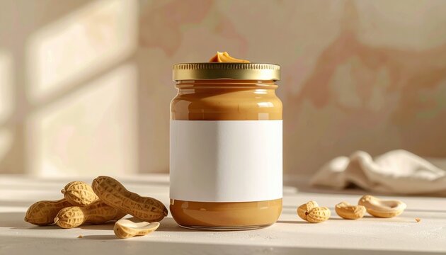 Glass jar of creamy peanut butter with blank label, packaging mockup