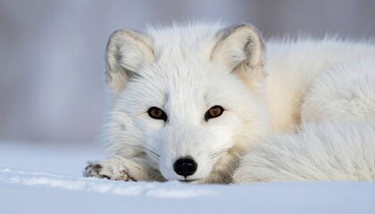 Fototapeta premium Fluffy white Arctic fox with brown eyes resting peacefully, wildlife portrait