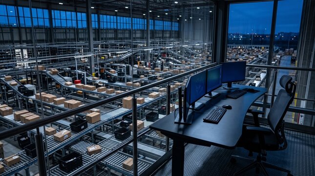 Modern logistics warehouse control room monitoring automated sorting