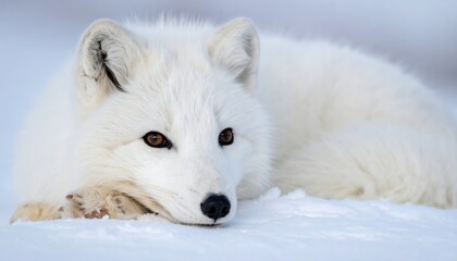 Fototapeta premium Fluffy white Arctic fox with brown eyes resting peacefully, wildlife portrait