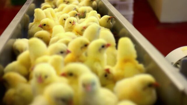 Baby chicks moving metal conveyor line. Poultry farm hatchery sorting machine.