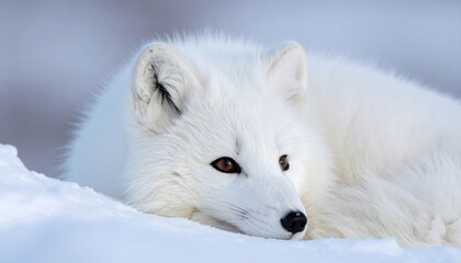 Fototapeta premium Fluffy white Arctic fox with brown eyes resting peacefully, wildlife portrait