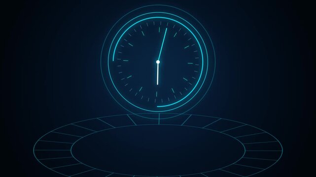 Futuristic Neon Blue Digital Clock HUD Animation Rotating Hands Glowing Technology Loop Interface