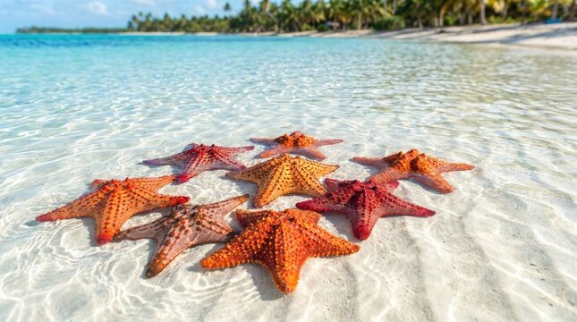 Several vibrant orange and red starfish scattered across pristine white sand near a tropical shoreline