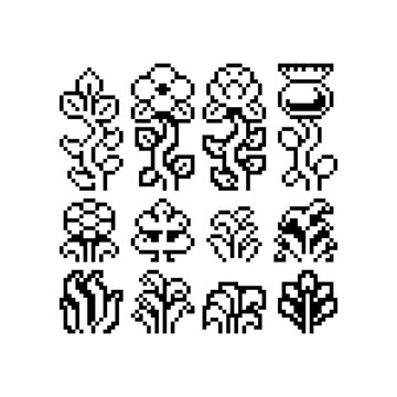 Black and white pixel art collection of stylized trees, plants and foliage. Retro 8-bit botanical icons for games, nature illustrations and digital graphics.