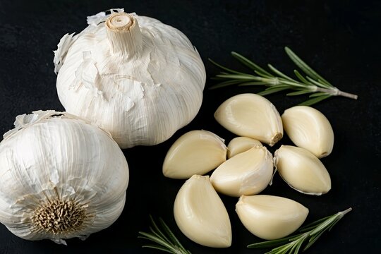 Fresh garlic bulbs, peeled cloves, rosemary sprigs, and scattered spices arranged on a black background, highlighting natural ingredients for cooking and seasoning.