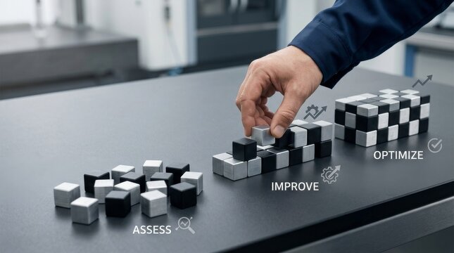 Man arranging monochromatic cubes on table representing assess improve and optimize business strategy concept