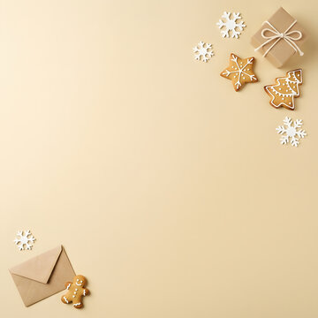 Festive holiday arrangement with cookies gift envelope and winter snowflakes on beige