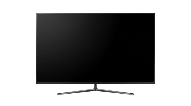 Modern flat screen television monitor on silver stand with black blank display isolated on transparent background for home media use.