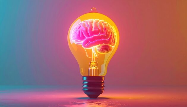 Pink human brain glowing inside yellow light bulb, intelligence and creativity