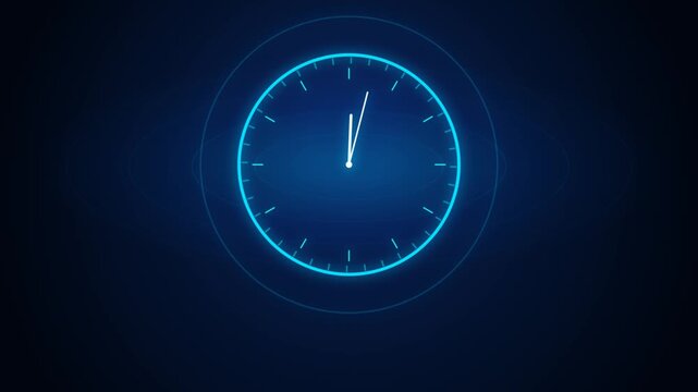 Glowing Blue Neon Digital Analog Clock Motion Graphic With Spinning Hands On Tech Background